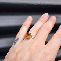 (R) Solid Sterling Silver & Natural Citrine Stone Handmade Square Solitaire Ring