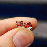 Natural Garnet & Solid 925 Sterling Silver Oval Stud Earrings