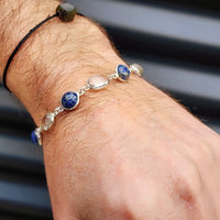 Solid Sterling Silver & Natural Lapis Lazuli Plus Quartz Handmade Chain Bracelet