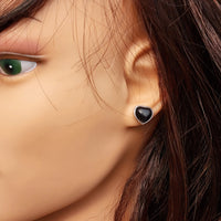 Natural Obsidian & Solid 925 Sterling Silver Heart Stud Earrings