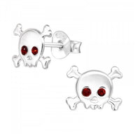 925 Sterling Silver & Red CZ Skull & Crossbones Stud Earrings