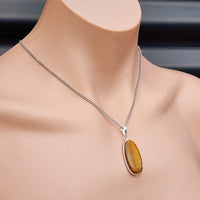 Silver Plated & Natural Tiger Eye Handmade Oval Pendant & Chain Necklace (30X17)