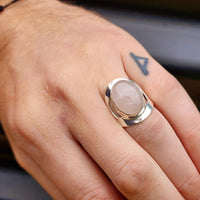 (R) Solid Sterling Silver & Natural Rose Quartz Handmade Cuff Ring