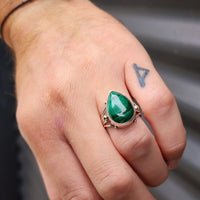 (Q) Solid Sterling Silver & Natural Malachite Handmade Rustic Solitaire Ring