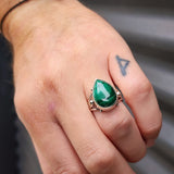 (Q) Solid Sterling Silver & Natural Malachite Handmade Rustic Solitaire Ring