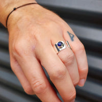 (R) Solid Sterling Silver & Blue Sapphire Handmade Wide Band Ring