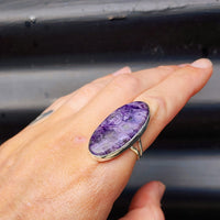 (T) Solid Sterling Silver & Natural Charoite XL Oval Handmade Solitaire Ring
