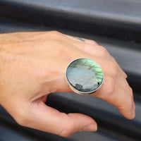 (T) Solid Sterling Silver & Natural Labradorite Round Handmade Solitaire Ring