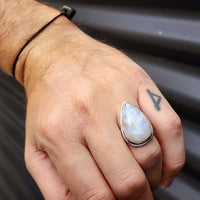 (Q) Solid Sterling Silver & Natural Moonstone Handmade Solitaire Pear Ring