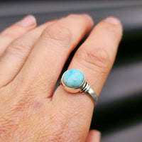 (T) Solid Sterling Silver & Natural Larimar Handmade Round Solitaire Ring