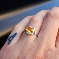 Solid 925 Sterling Silver & Natural Citrine Square Faceted Stone Ring