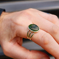 (T) Solid 925 Sterling Silver & Natural Greenstone Handmade 3 Bar Cage Ring