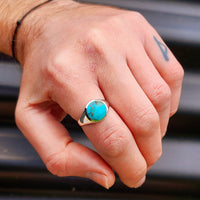 Solid 925 Sterling Silver & Natural Turquoise 12mm Round Signet Ring