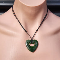 Natural Greenstone Double Koru Heart Carved Pendant Necklace