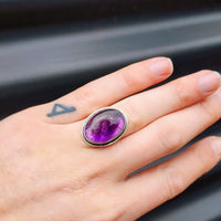 (T) Solid Sterling Silver & Natural Amethyst Oval Handmade Solitaire Ring