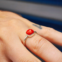 (O) Solid Sterling Silver & Natural Red Coral Handmade Solitaire Ring