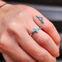 (Q) Solid 925 Sterling Silver & Created Opal Cross Band Ring