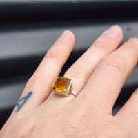(R) Solid Sterling Silver & Natural Citrine Stone Handmade Square Solitaire Ring