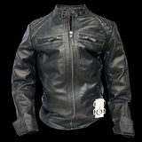 The Raven - Mens REAL Genuine Leather Jacket - Black Quilted Shoulders