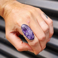 (T) Solid Sterling Silver & Natural Charoite XL Oval Handmade Solitaire Ring
