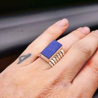 (T) Solid Sterling Silver & Natural Lapis Lazuli Rectangle Cage Band Handmade Ring