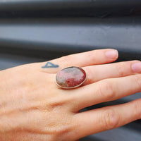 (O) Solid Sterling Silver & Natural Rhodonite Handmade Oval Solitaire Ring