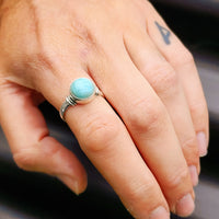 (T) Solid Sterling Silver & Natural Larimar Handmade Round Solitaire Ring