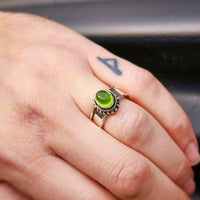 (R) Solid Sterling Silver & Natural Peridot Handmade Rustic Solitaire Ring