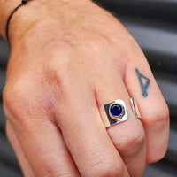 (R) Solid Sterling Silver & Blue Sapphire Handmade Wide Band Ring