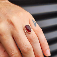 Solid Sterling Silver & Red Garnet Oval Stone Handmade Solitaire Ring