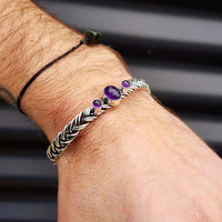 Solid Sterling Silver & Natural Amethyst Handmade Braid Cuff Bracelet