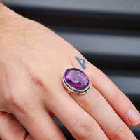 (T) Solid Sterling Silver & Natural Amethyst Oval Handmade Solitaire Ring