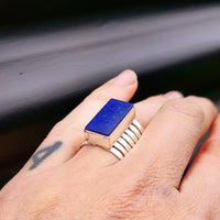 (T) Solid Sterling Silver & Natural Lapis Lazuli Rectangle Cage Band Handmade Ring
