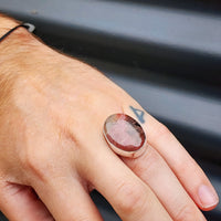 (O) Solid Sterling Silver & Natural Rhodonite Handmade Oval Solitaire Ring