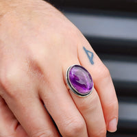 (T) Solid Sterling Silver & Natural Amethyst Oval Handmade Solitaire Ring