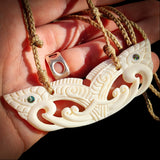 Pekapeka Double Manaia Plate Bone Carving Pendant Necklace