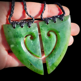 2pcs Matching NZ Greenstone Pounamu Koru Heart Pendant Necklace Pair (N831)