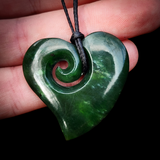 NZ Greenstone Pounamu Koru Heart Pendant Necklace (N880)