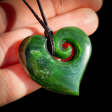 NZ Greenstone Pounamu Koru Heart Pendant Necklace (N861)