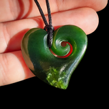 NZ Greenstone Pounamu Koru Heart Pendant Necklace (N891)