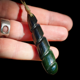 NZ Greenstone / Pounamu Dark Twist Drop Pendant Necklace (N677)