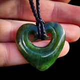 NZ Greenstone Pounamu Double Koru Heart Pendant Necklace (N854)