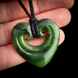 NZ Greenstone Pounamu Double Koru Heart Pendant Necklace (N876)