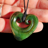 NZ Greenstone Pounamu Double Koru Heart Pendant Necklace (N886)