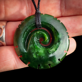 NZ Greenstone Pounamu Notched Koru Pendant Necklace (N905)