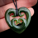 NZ Greenstone Pounamu Quad Koru Heart Pendant Necklace (N934)