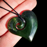 NZ Greenstone Pounamu Koru Heart Pendant Necklace (N952)