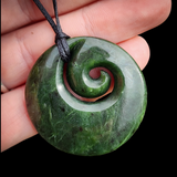 NZ Greenstone Pounamu Round Koru Pendant Necklace (N941)