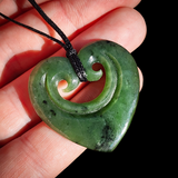 NZ Greenstone Pounamu Double Koru Heart Pendant Necklace (N919)
