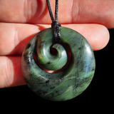 NZ Greenstone Pounamu Round Koru Pendant Necklace (N1022)